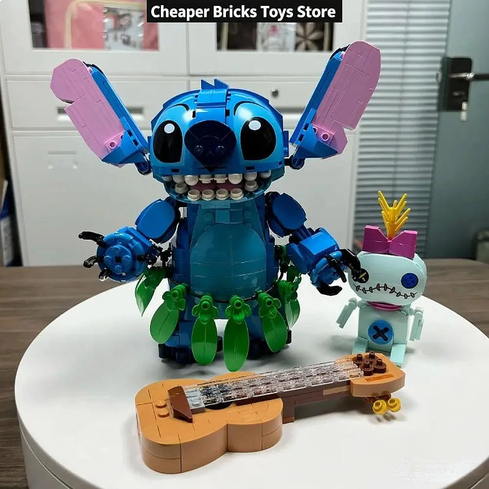 stitch building blocks toy compatible with lego featuring blue and pink stitch figure with green leafy skirt standing beside a smaller white jumba figure, recommended age suitable for children, manufactured in mainland china with no high-concerned chemical content.