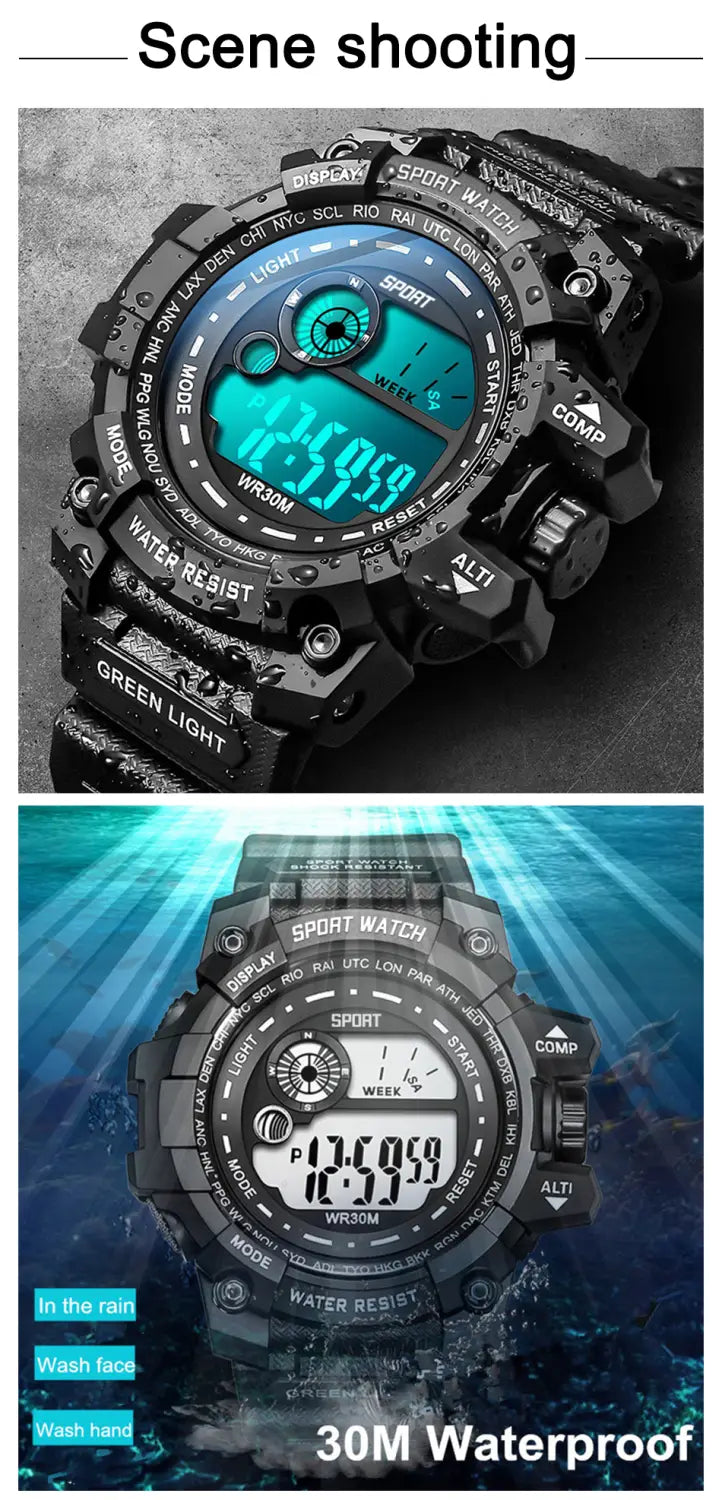 Men led digital sport watch in black featuring a teal backlight and rugged textured casing designed for outdoor use.