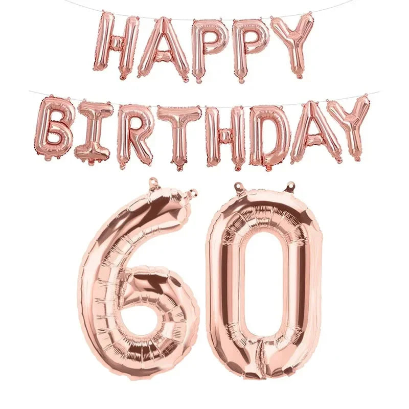 Bannière de ballons en feuille or rose avec les lettres « Joyeux anniversaire » et le numéro 60 pour les célébrations d’anniversaire.