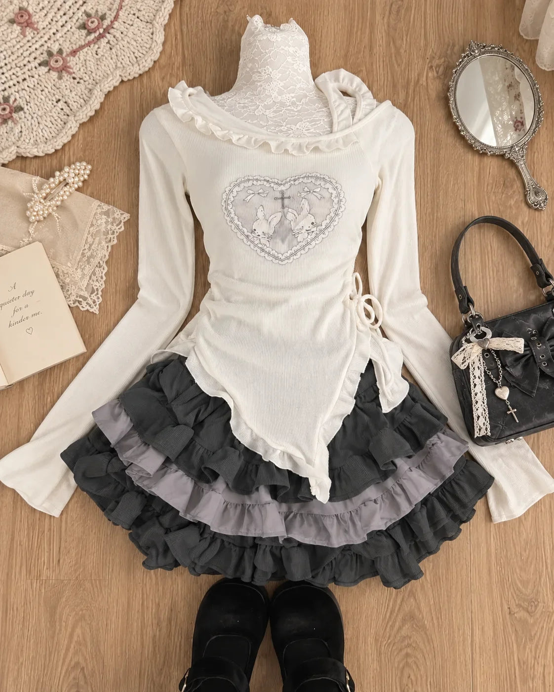 Women Casual 2 Piece Outfit Crop Top Blouse + Mini Skirt Japanese Kawaii Y2K American Retro Korean Fashion Matching Skirt Sets