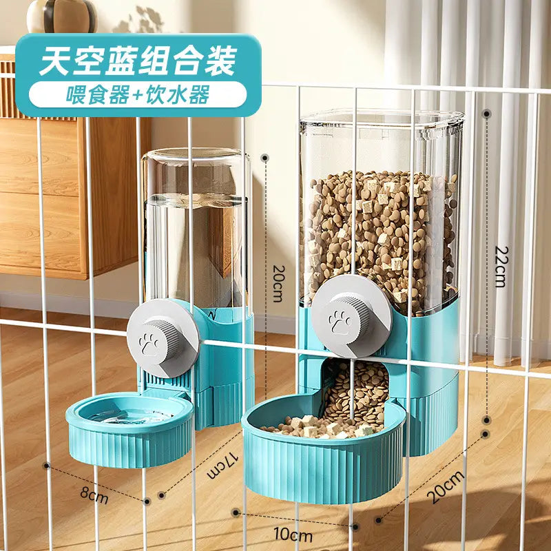 sky blue water dispenser feeder combo with transparent cylindrical containers gray paw-print knobs and ribbed bases designed for cage mount pet feeding
