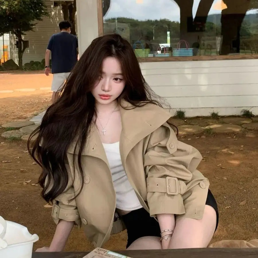 Women's 2025 Korean Style Relaxed Trench Coat Vintage Khaki Utility Jacket Spring Fall Casual Chic Versatile Outerwear