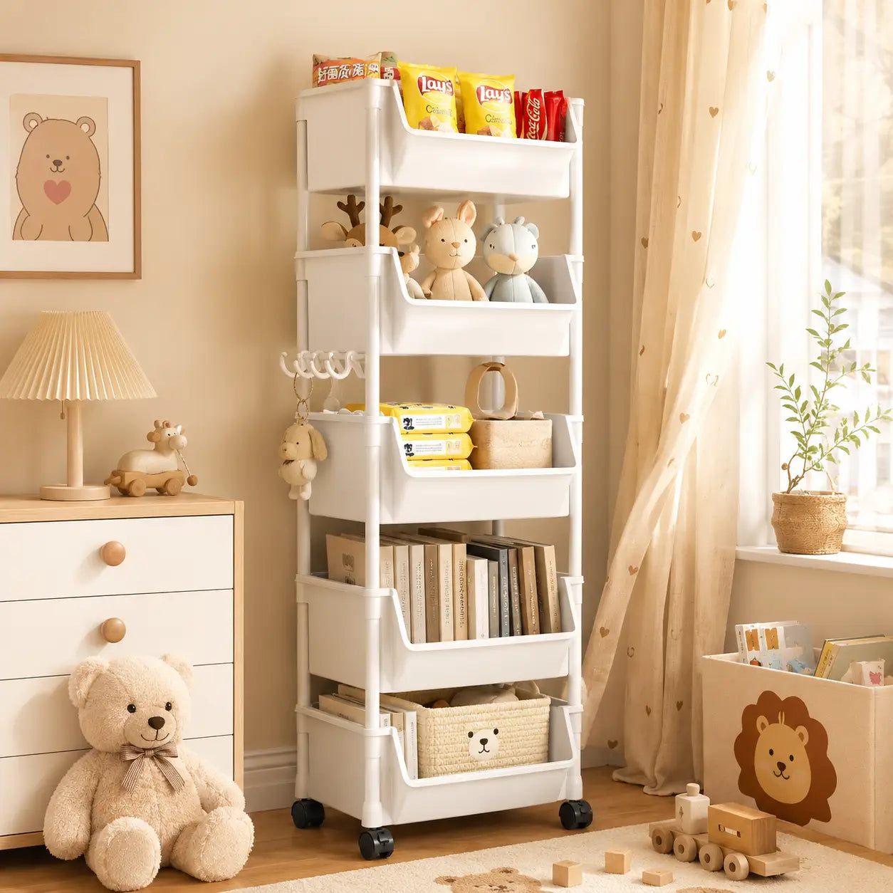 chariot de rangement roulant multi-niveaux en plastique blanc avec roues et crochets pour organiser les fournitures et les outils