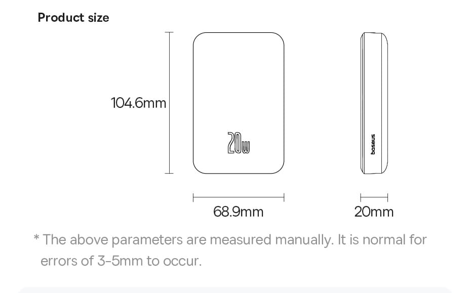 White rectangular baseus magnetic power bank 20w wireless charger with 20w version product capacity and high energy conversion rate printed on the front.