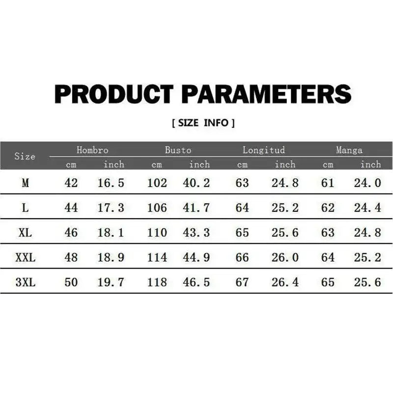Customized men’s zip up hoodie product parameters table displaying size information in centimeters and inches for various clothing sizes.