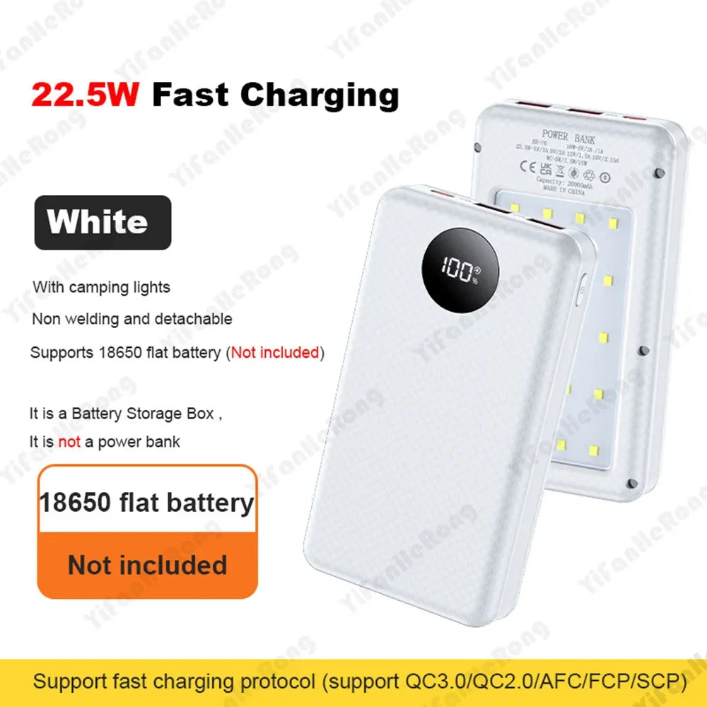 6*18650 20000mAh Power Bank Case 22.5W Fast Charging 15W Wireless Charging Mobile Power Bank Housing Battery Holder For Phone