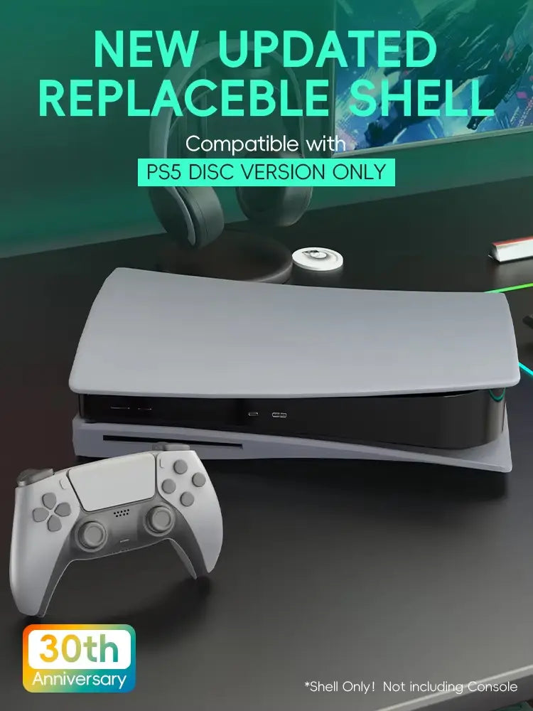 White plastic replacement shell for the ps5 disc version console designed for the ps5 disc drive with a black matte finish.