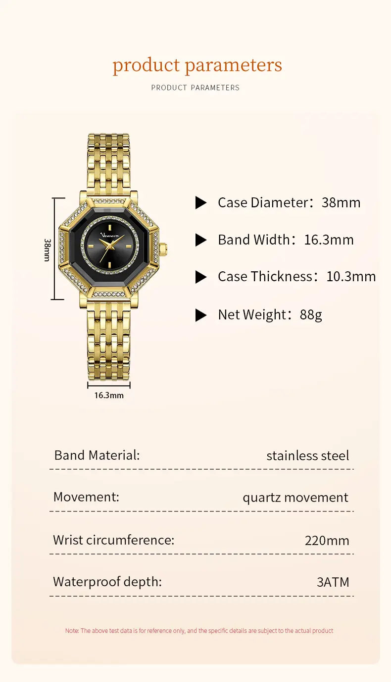 Gold-toned octagonal geometric rhinestone quartz watch with a black dial diamond accents on the case and a stainless steel band.