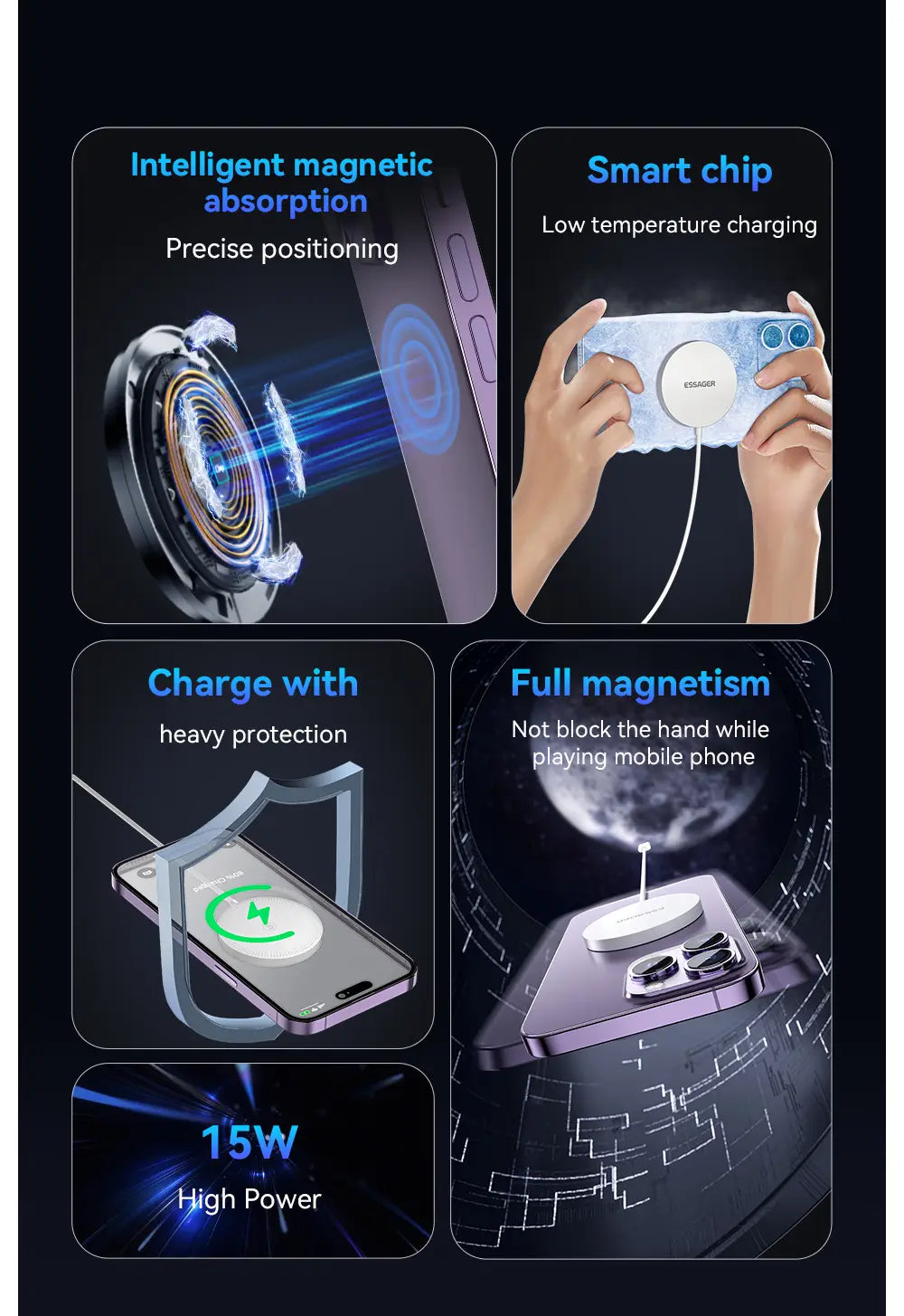 A sleek silver magnetic wireless fast charging pad with 15w high-power capability designed for wireless charging of iPhone 14 13 and 12 models.