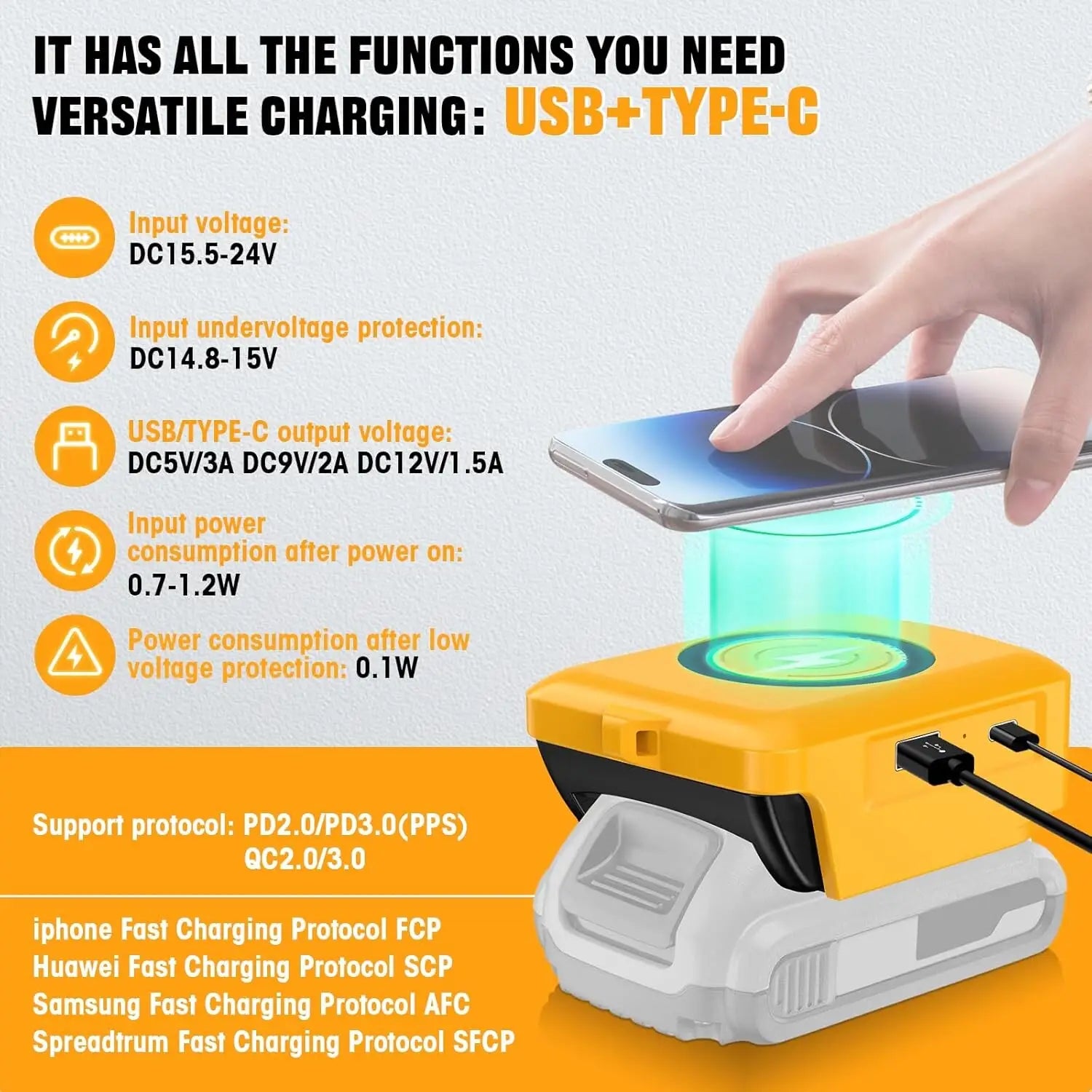 Adaptador portátil de cargador inalámbrico de color amarillo y negro para Milwaukee de 18 V con salida USB-C, diseñado para cargar rápidamente teléfonos inteligentes mediante un paquete de baterías.