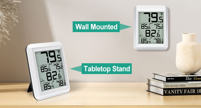 Weißes kabelloses Digitalthermometer für den Innen- und Außenbereich mit einem eleganten rechteckigen Design und einer Doppelanzeige zur Anzeige von Temperatur und Luftfeuchtigkeit.