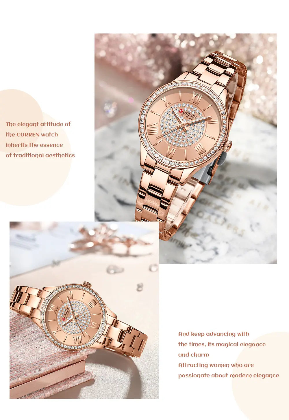 Rose gold-toned Curren women stainless steel crystal quartz watch with a diamond-studded bezel and Roman numeral dial.