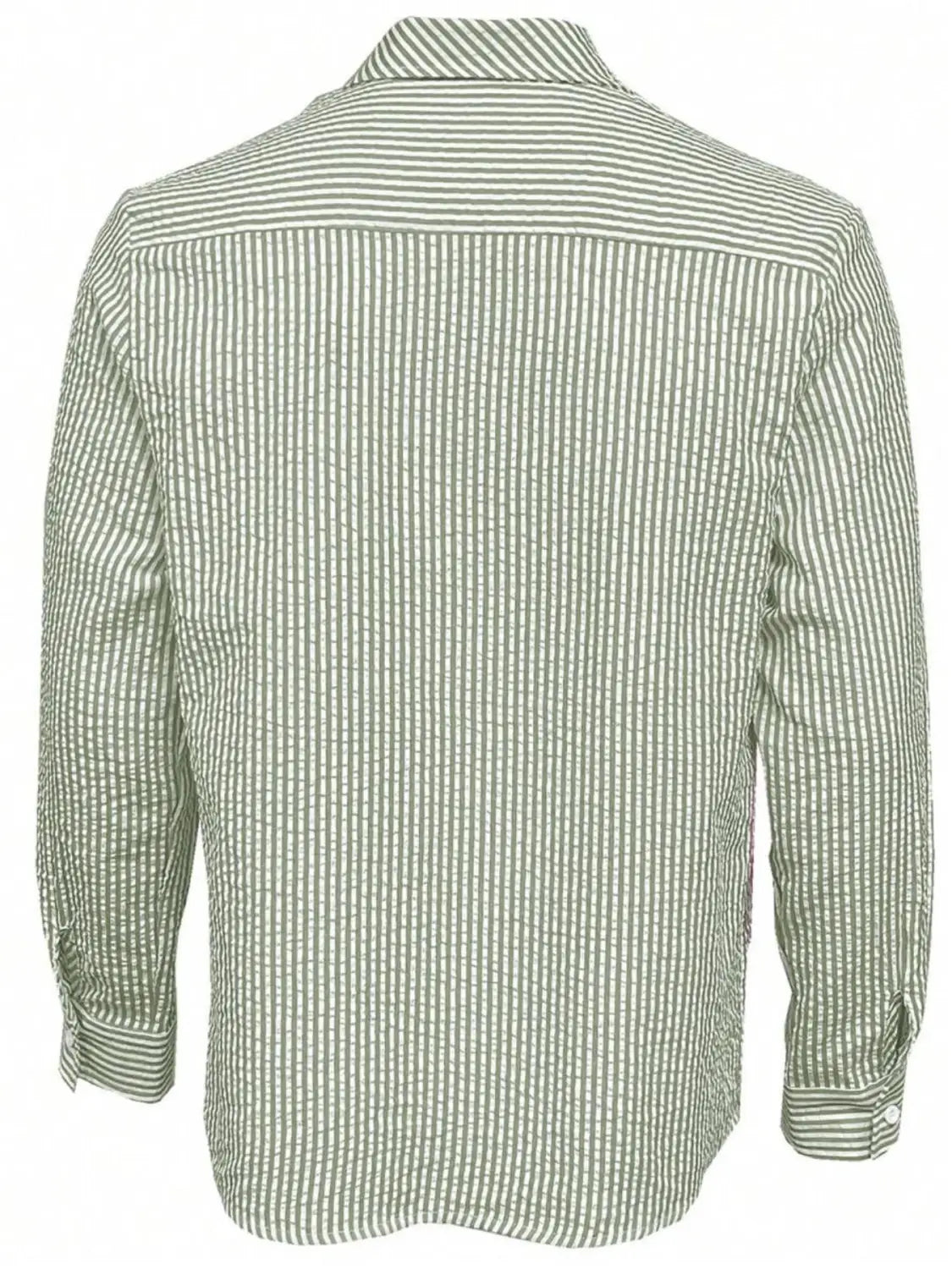 Chemise décontractée boutonnée manches longues à rayures bleues pour homme, présentant un motif vertical discret vert et blanc, fabriqué dans un tissu en coton léger.