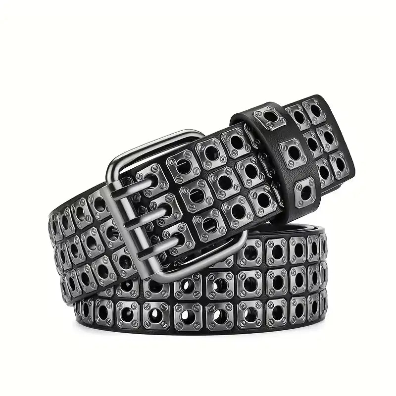 Black leather punk belt with rows of metallic square studs and a silver-toned buckle.