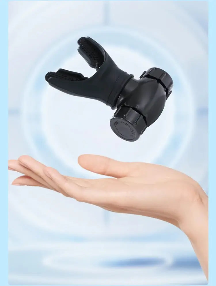 Black plastic scuba diving regulator mouthpiece with textured grip and adjustable knob for respiratory trainer lung fitness device.