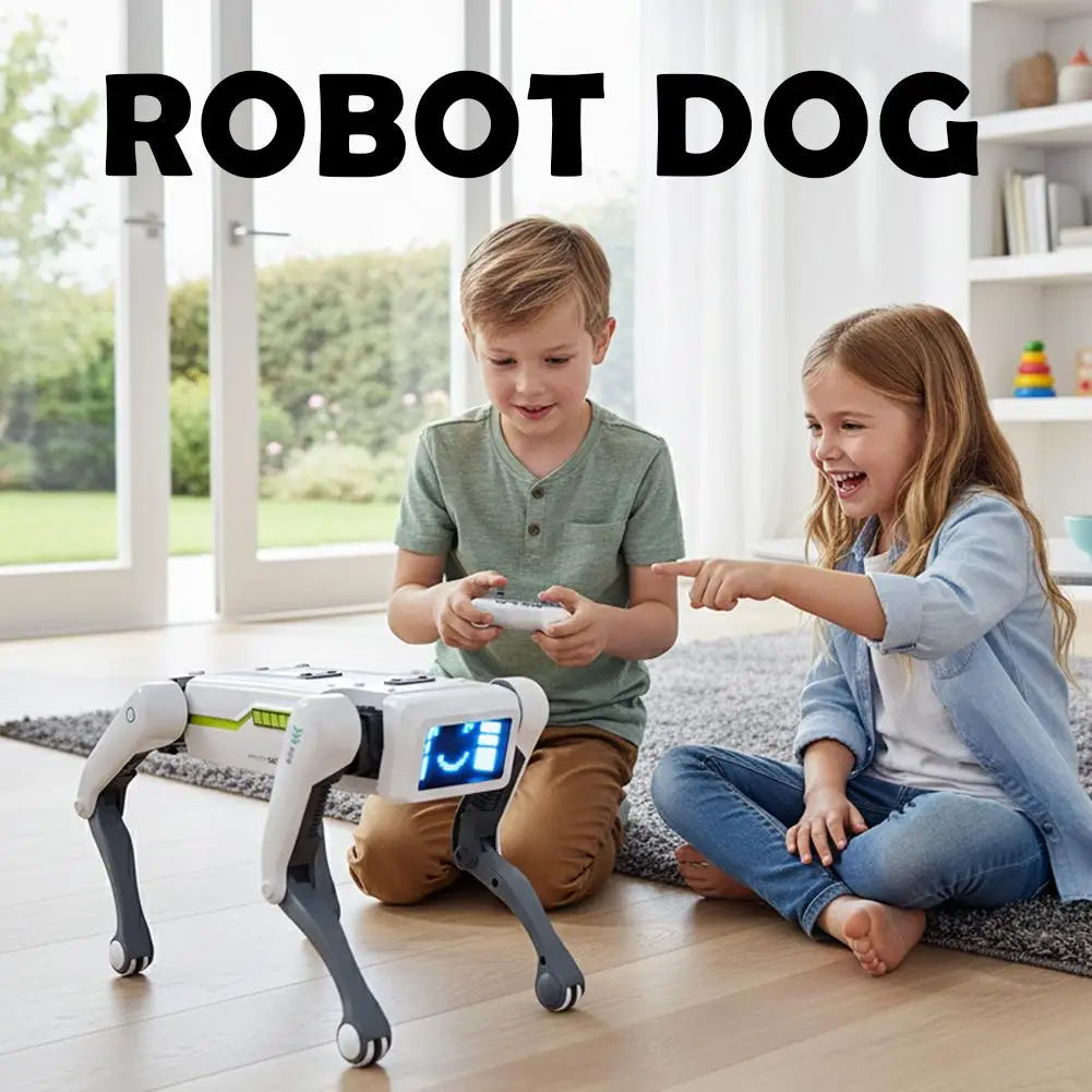 胸部にデジタル表示を備え、対話型の音声操作ロボット犬用スマート玩具として設計された、緑色のアクセント付きの白色と灰色の模擬ロボット犬。
