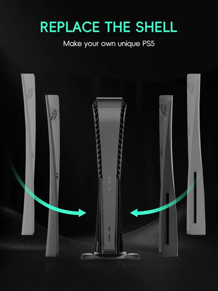 black matte ps5 disc console replacement shell featuring a sleek angular design and textured side panels for ps5 disc drive enhancement