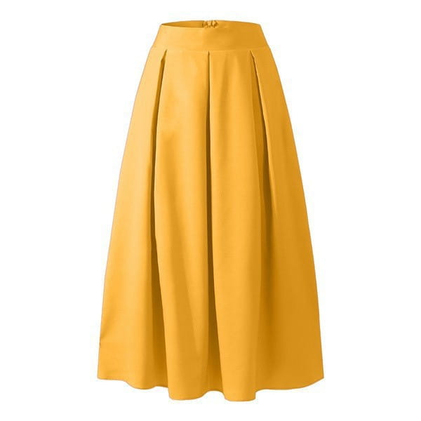 A vibrant mustard-yellow pleated high waist maxi skirt made of smooth structured fabric with a fitted waistband.
