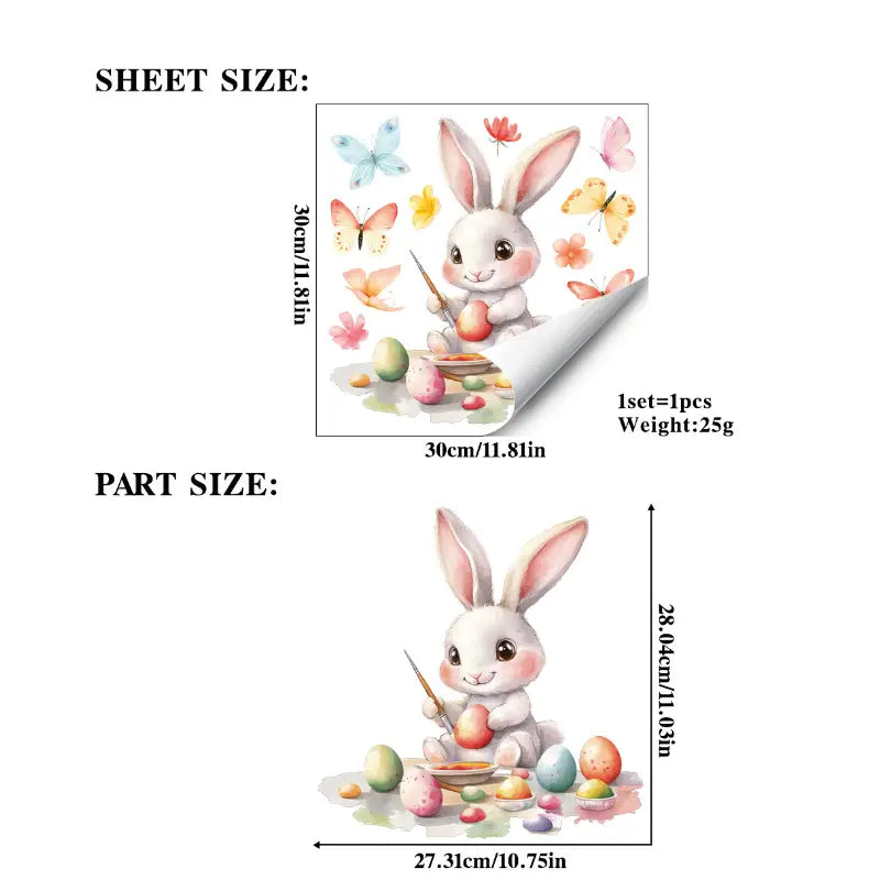 a charming white bunny with pink inner ears and cheeks painting colorful easter eggs surrounded by butterflies in watercolor style on easter bunny window decals colorful egg glass stickers