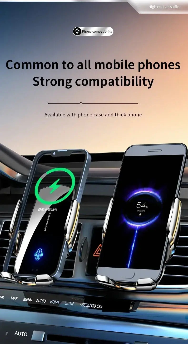 Silbernes und schwarzes Kfz-Wireless-Ladegerät mit Lüftungshalterung und magnetischen Klemmen, die zwei Smartphones sicher für die Nutzung zum schnellen Laden in Fahrzeugen halten