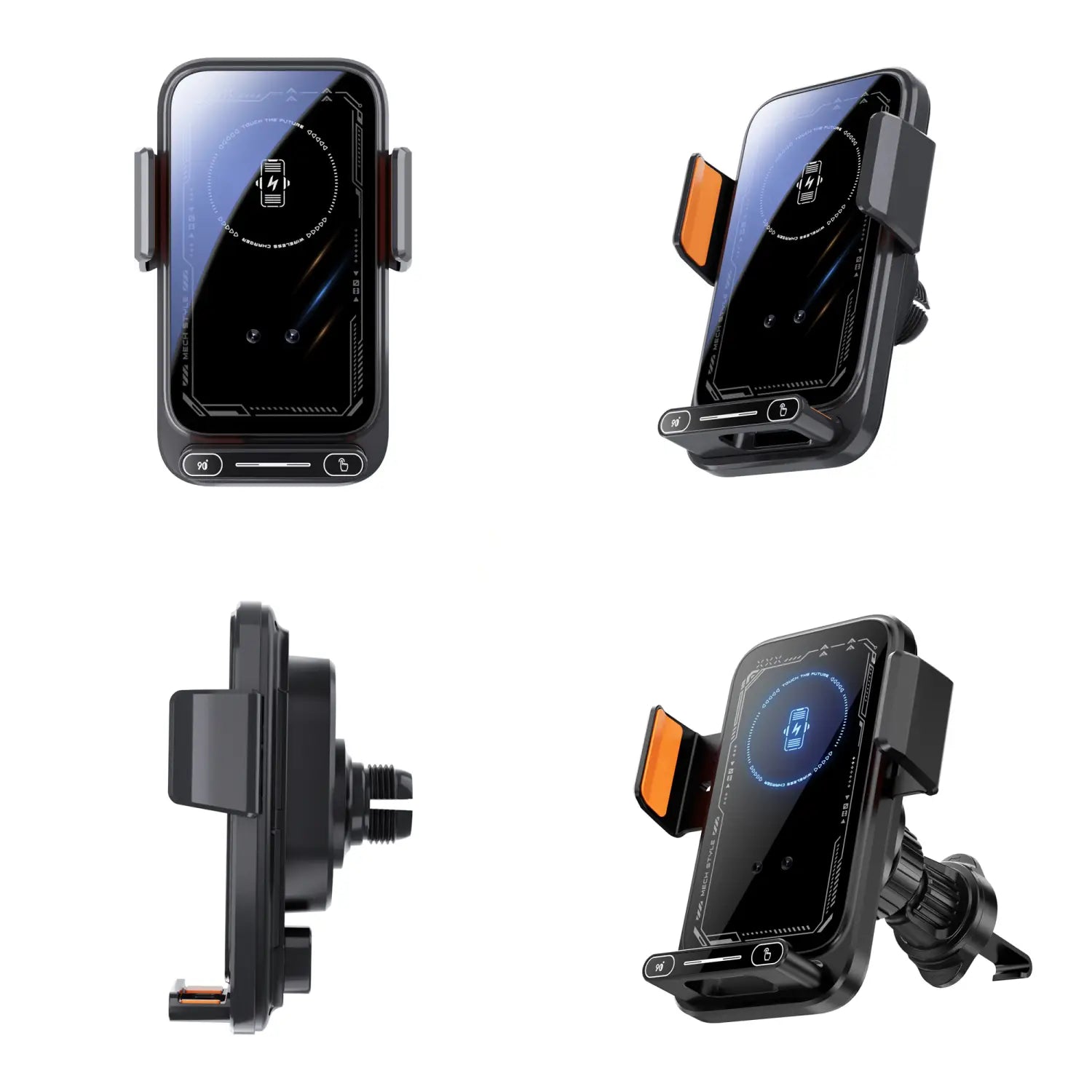 Black wireless car phone charger 15w mount with orange accent clips and a sleek modern design.