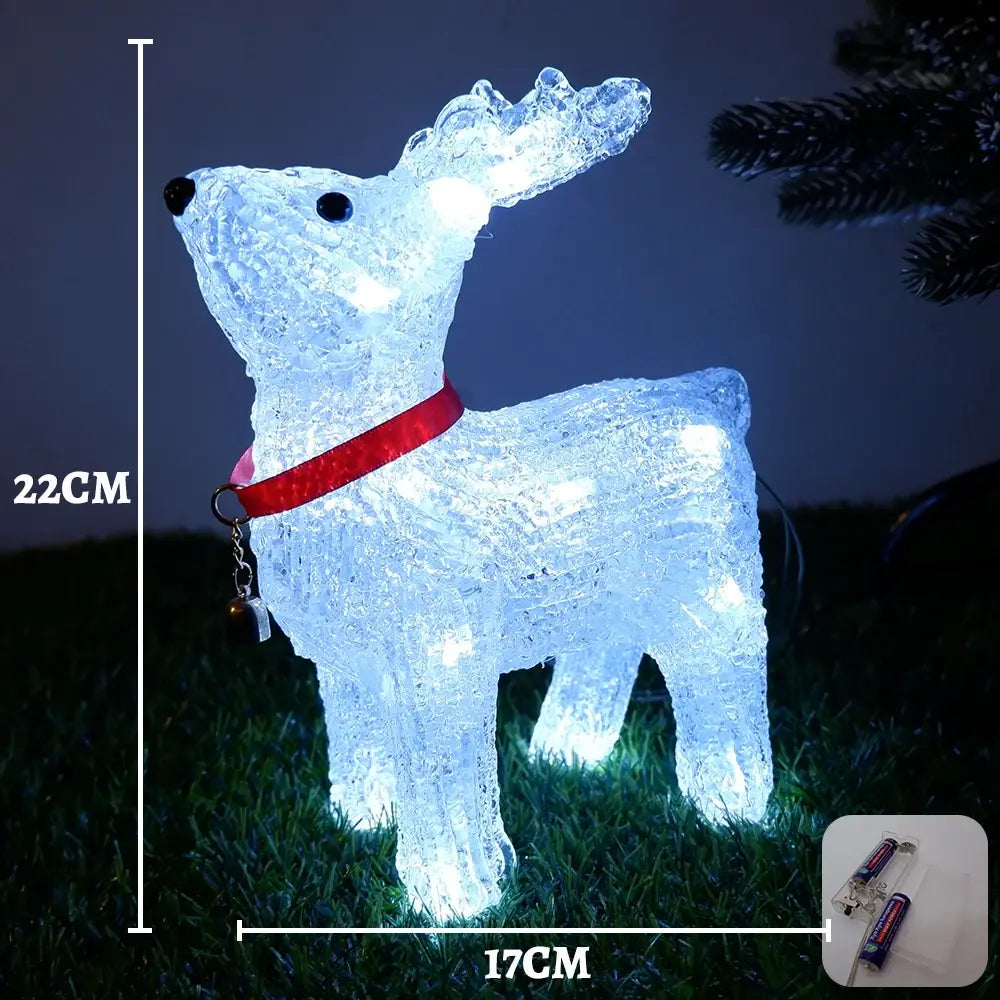 LED-Rentier-Weihnachtsornamentlicht mit einer beleuchteten weißen, durchscheinenden Rentierfigur mit rotem Halsband und Glocke.