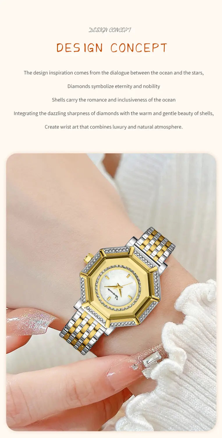 Geometric rhinestone quartz watch stainless steel featuring a gold and silver two-tone octagonal case with diamond accents on the bezel and a white dial with an elegant shell-inspired design.