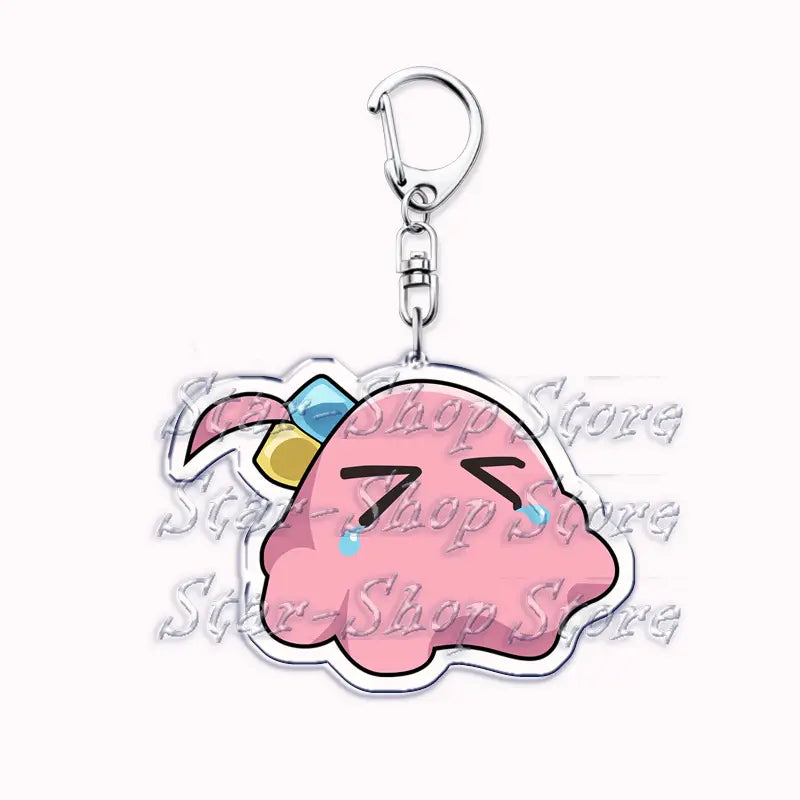 Pink cloud-shaped acrylic anime character keychain featuring a crying character with black eyes and blue tears adorned with colorful hair accessories from Bocchi the Rock.