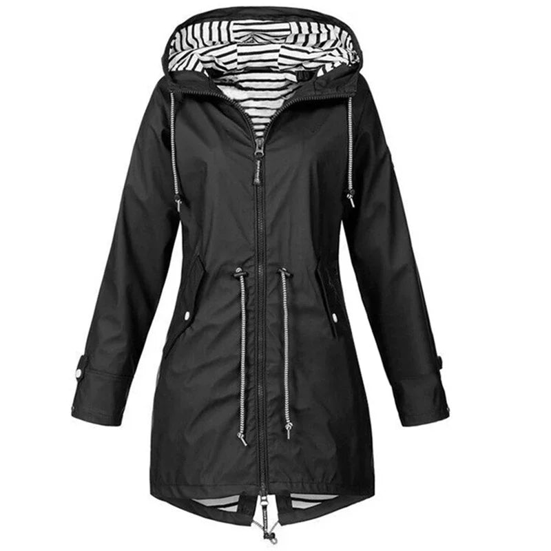 Women's Lightweight Waterproof Raincoat Ideal for Casual Outdoor Hikes Trench Style with Drawstring