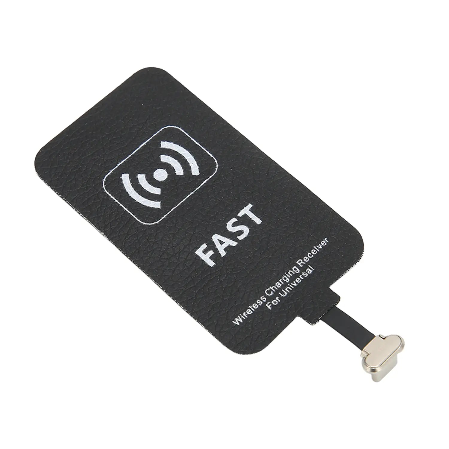 白色の「FAST」表記とQIマークを備えたブラックの凹凸ワイヤレス充電レシーバータイプC 10W。ワイヤレス充電に使用