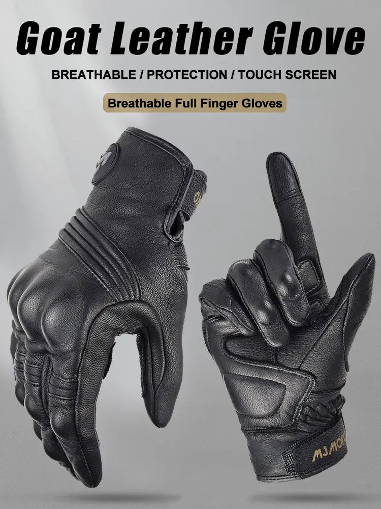 Gants de moto en cuir de chèvre noir pour homme avec un design perforé respirant et des bouts de doigts renforcés, présentés côté arrière.