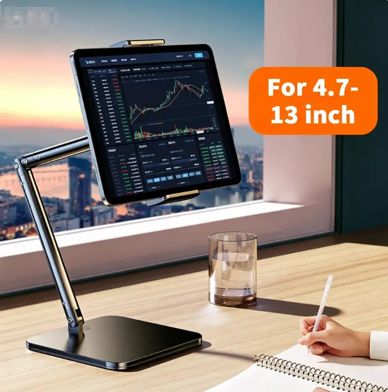 Black metal adjustable desktop holder with an arm for stable support of 4.7 to 13 inch smartphones.