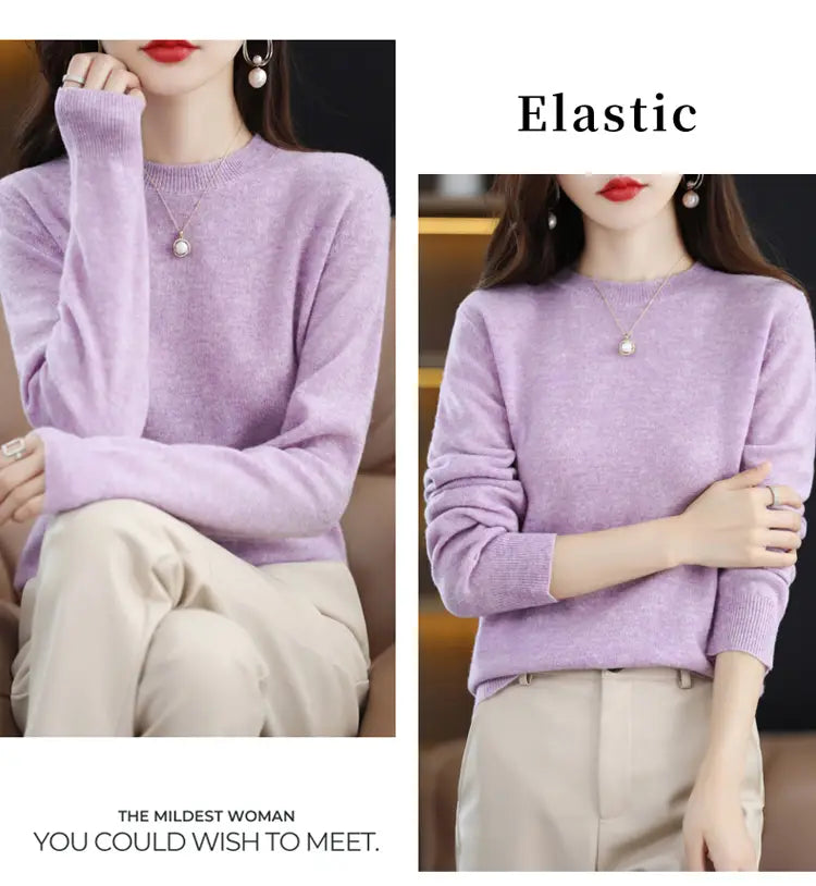 A soft lavender pure wool cashmere o-neck pullover sweater with a round neckline long sleeves and an elastic fit.