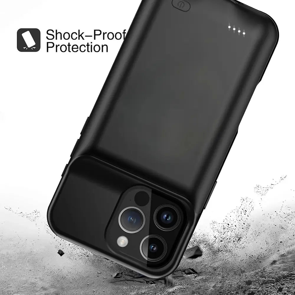 Schwarze stoßsichere Pro-Max-Akku-Ladehülle für iPhone 16- und 17-Serien mit integriertem Akkupack und LED-Anzeigenleuchten, von der Rückseite dargestellt