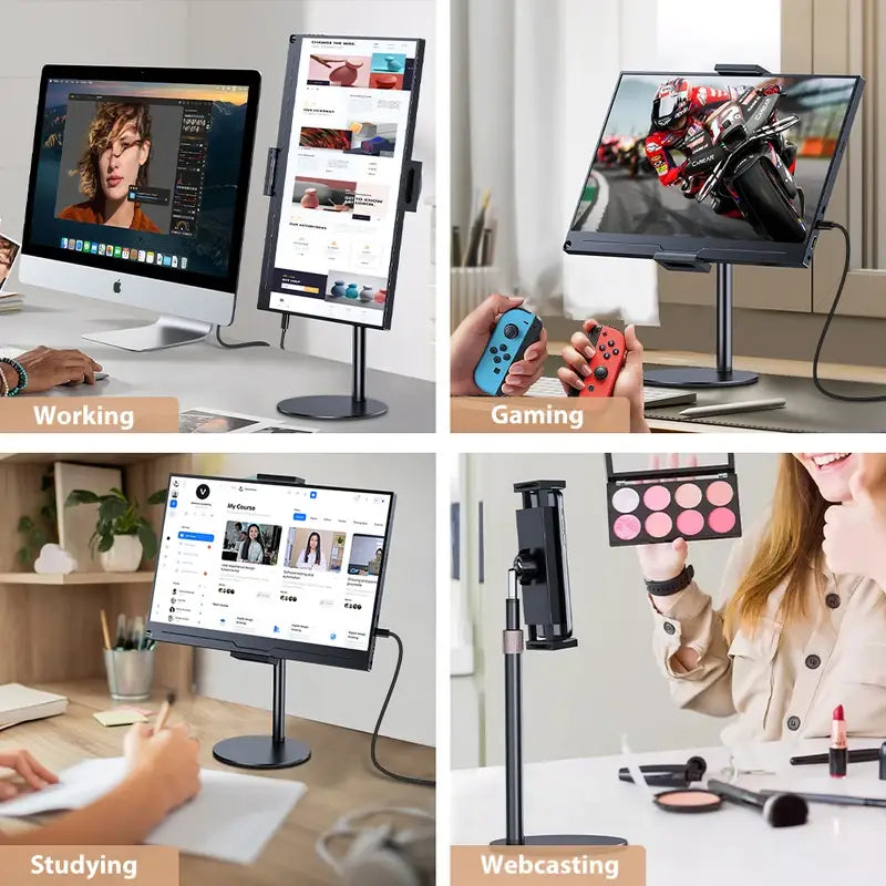 Schwarzer, verstellbarer Schwerlast-Tablet- und Monitor-Stand für den Schreibtisch mit elegantem minimalistischen Design und stabiler Basis