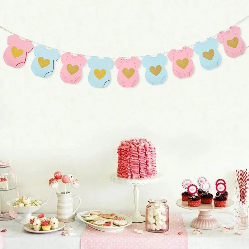 Baby Shower Paper Garland Short-Sleeve Bodysuits Clothesline Garland Gender Reveal Birthday Banner Baby Outfit Banner Flag Decor