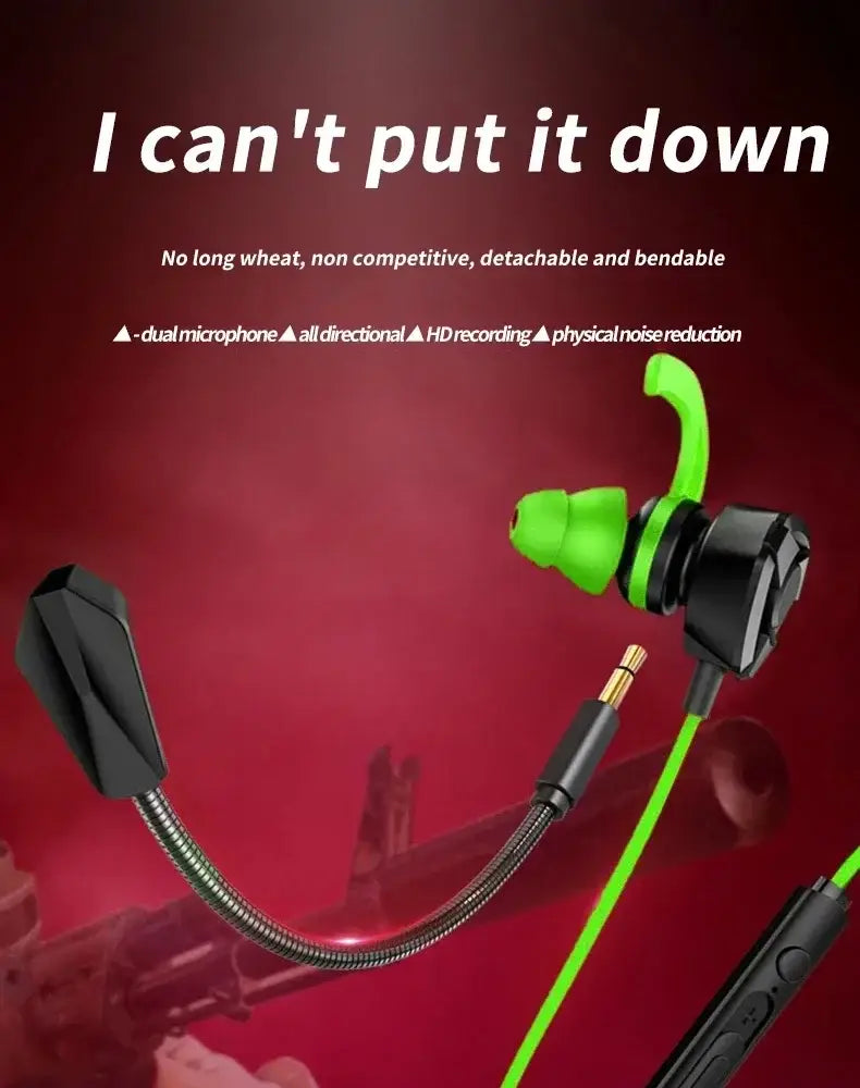 Green and black wired gaming headset with detachable microphone designed for in-ear use and gaming applications.