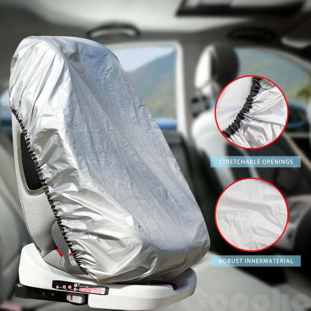 Housse de protection solaire réfléchissante en argent pour siège auto pour bébé, avec ouvertures extensibles et matériau intérieur robuste pour une protection UV
