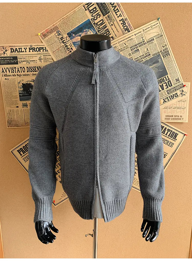 gray knit full zip mens knit cardigan sweater with ribbed cuffs and hem on mannequin highlighting size shoulder chest length measurements