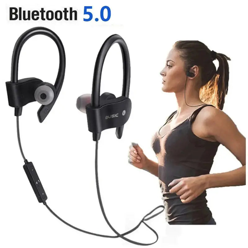 Black dusic wireless sport earhooks bluetooth headphones featuring bluetooth 5.0 connectivity hook-style design and an inline control module.