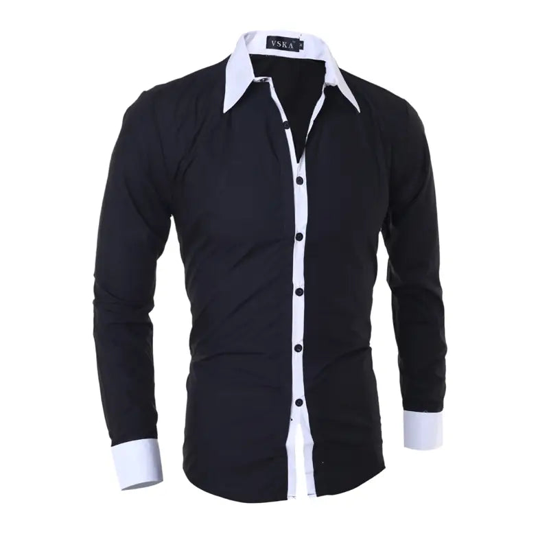 Men striped slim fit long sleeve casual shirt in black with contrasting white collar and cuffs featuring a button-down front.