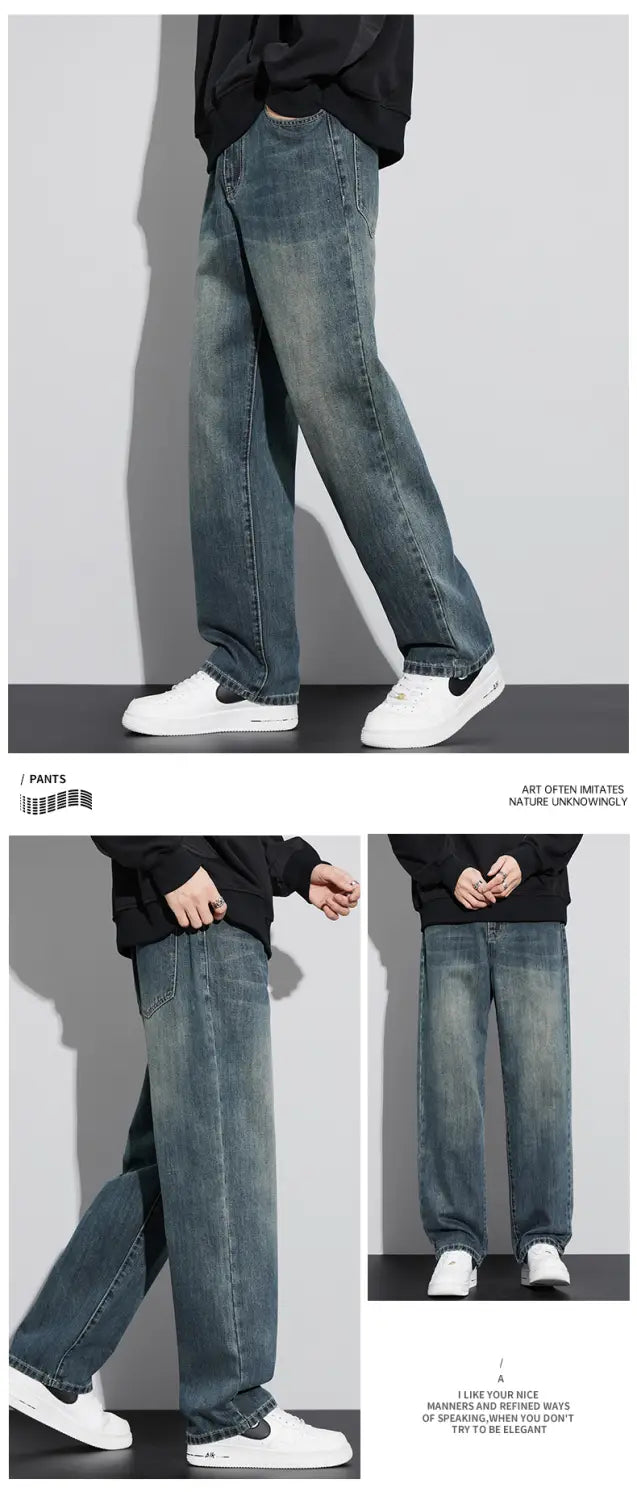 Jeans droits amples doublés de polaire pour homme en denim bleu, avec une coupe droite décontractée et un délavage subtil pour un look décontracté et élégant