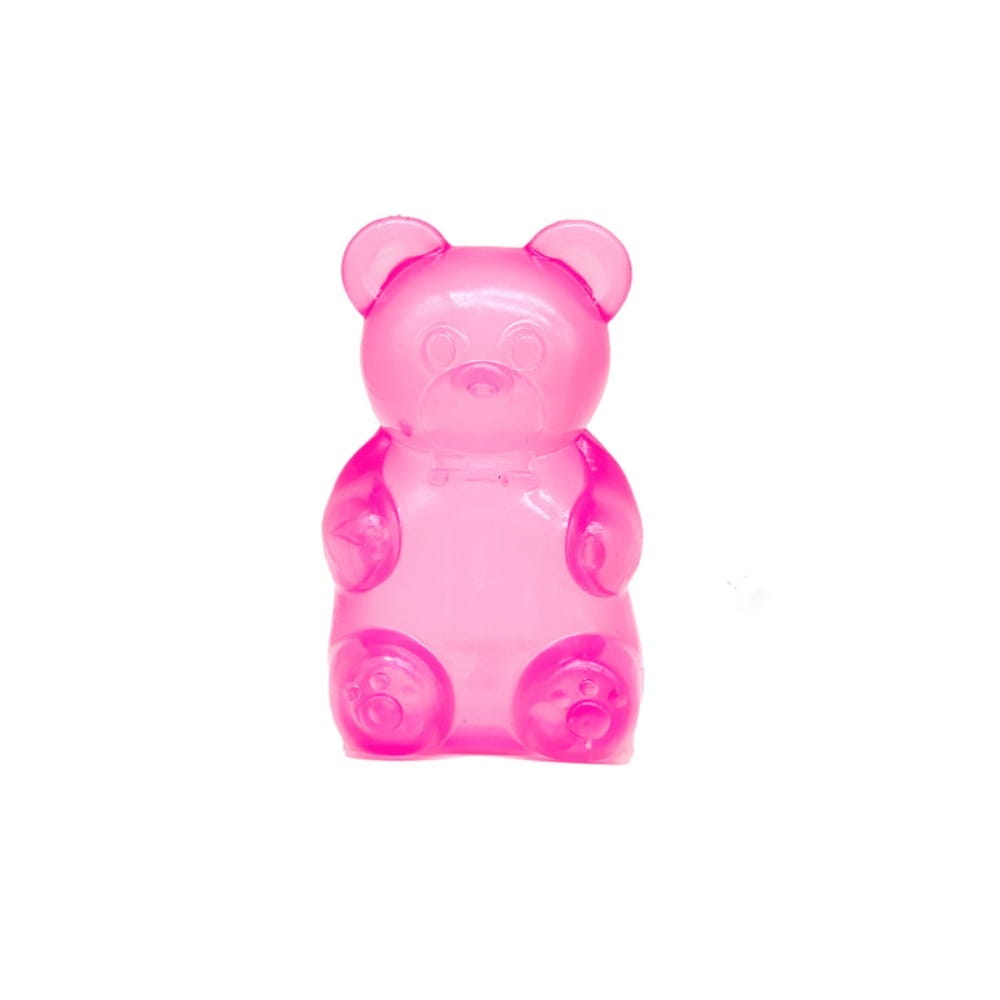 A translucent pink gummy bear-shaped sensory fidget toy container made of soft material for stress relief and focus.