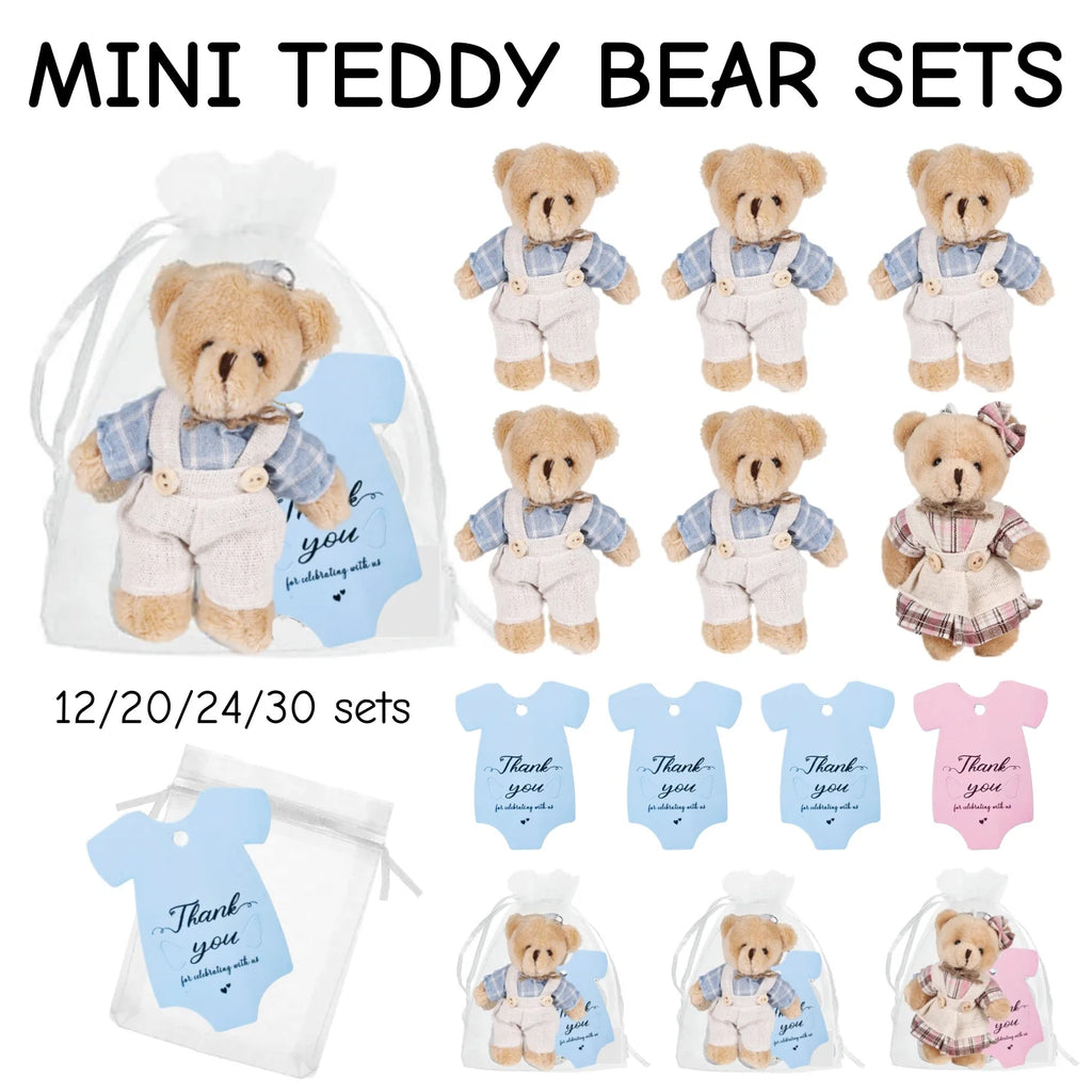 12-30 Sets Bear Baby Shower Favor for Guest Stuffed Plush Mini Bears Thank You Cards Organza Bag for Gender Reveal Guest Gifts