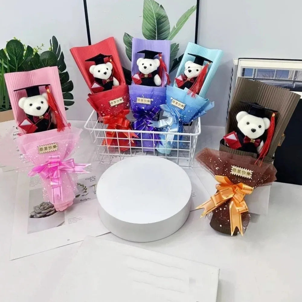 Lovely Graduation Bear Bouquet Animal Simulated Little Bear Bouquet Celebrate Handicraft Stuffed Simulated Bear Room Decoration