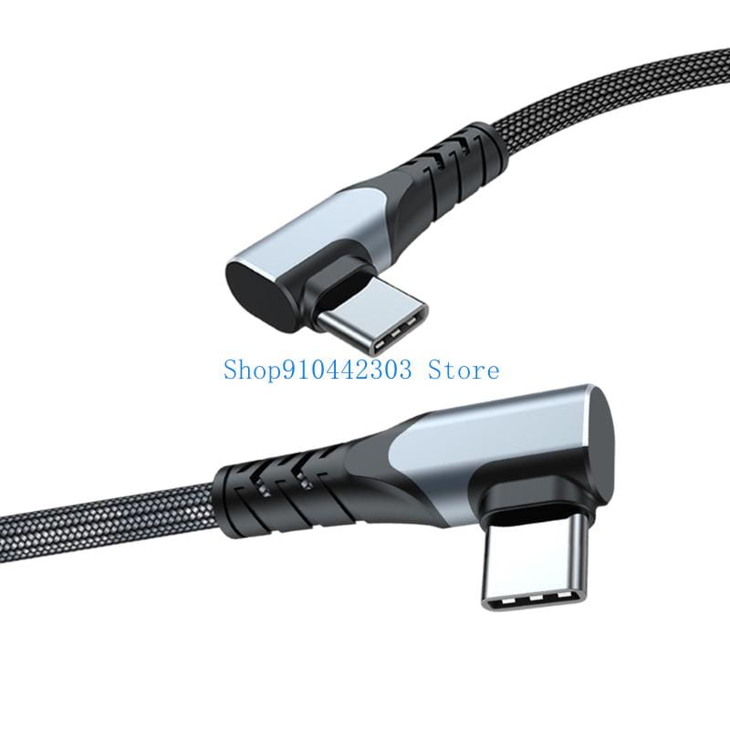 black and silver braided usb c cable with angled connectors designed for fast charging with a straight head and 100w power capacity