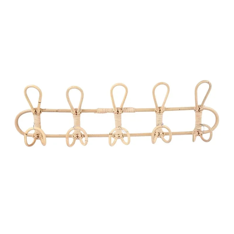 5-Hook Rattan Wall Hanger Kids Garments Organizer Rack Clothes Hat Hanging Hooks Practical Storage Decor For Kids Room Daily Use