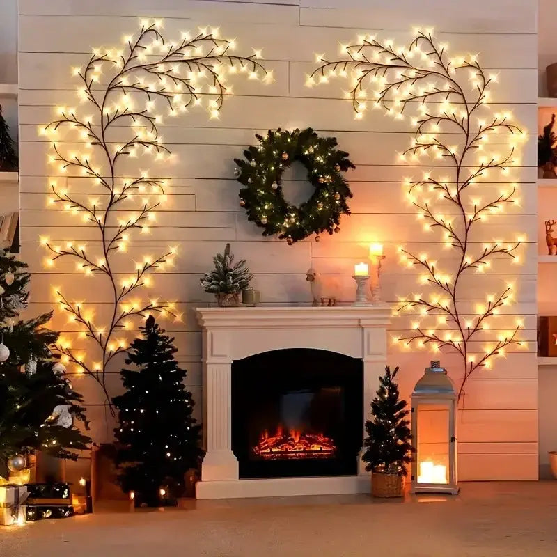 Deux branches d’éclairage féerique en rotin de saule illuminées, avec des LED blanc chaud disposées le long de branches sombres et alimentées par une guirlande USB.