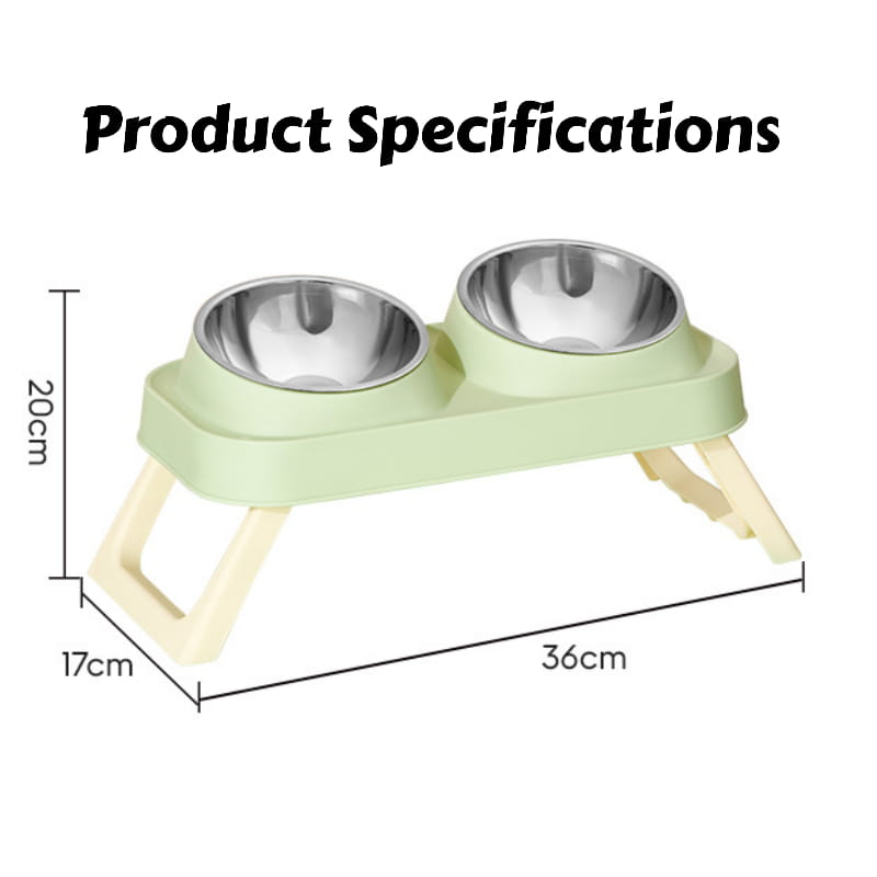 Elevated stainless steel pet feeder with tilt light green plastic frame, two stainless steel bowls, and cream-colored legs.