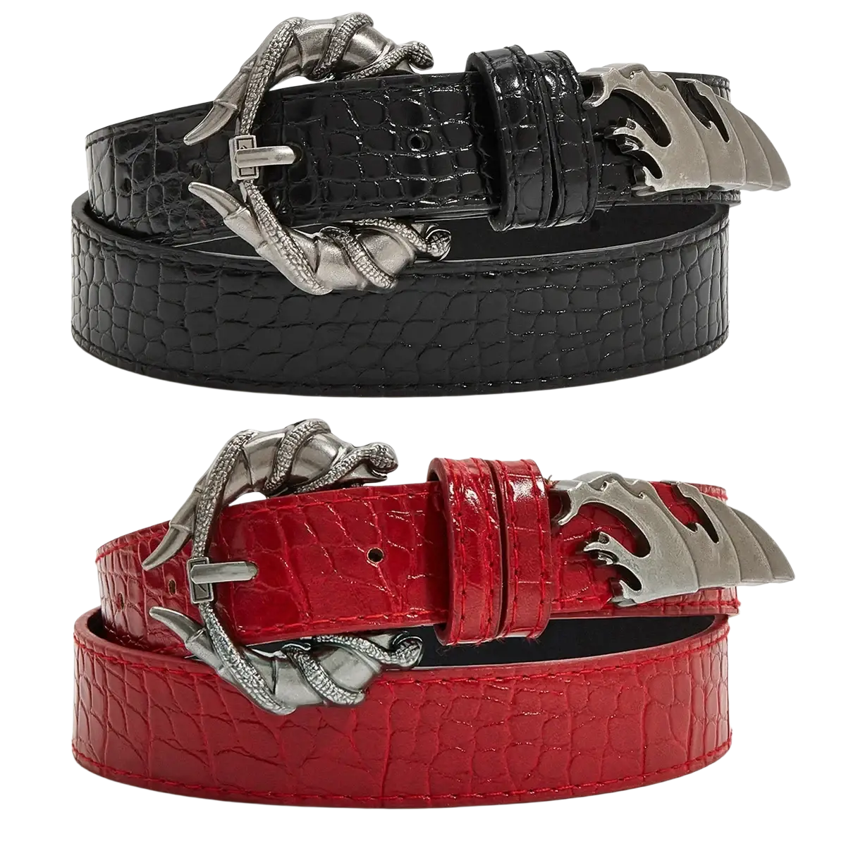 Black and red crocodile-textured leather belts with silver dragon buckles for plus size y2k decoration